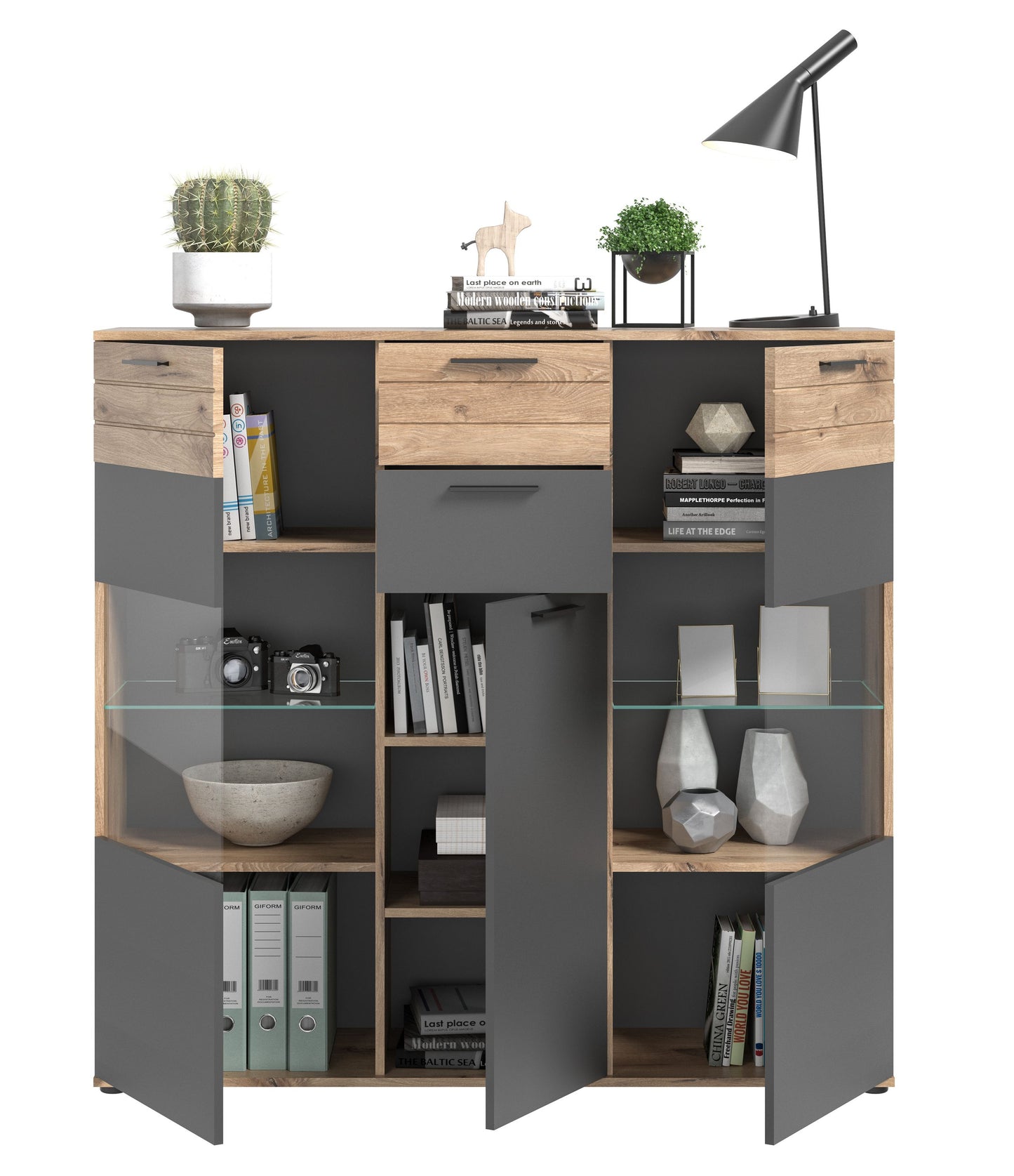 Highboard MASON (L/H/P : env. 140/134/37 cm) en imitation chêne Nox/gris basalte