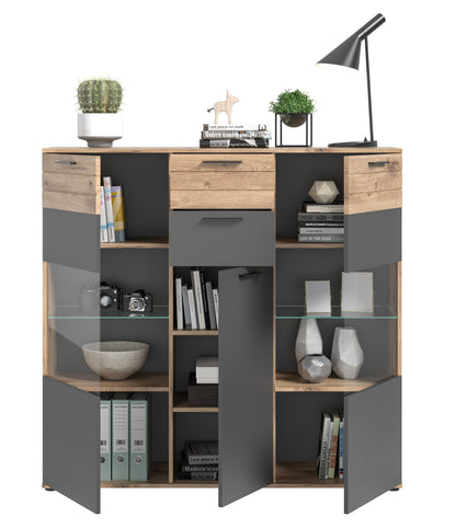 Highboard MASON (L/H/P : env. 140/134/37 cm) en imitation chêne Nox/gris basalte