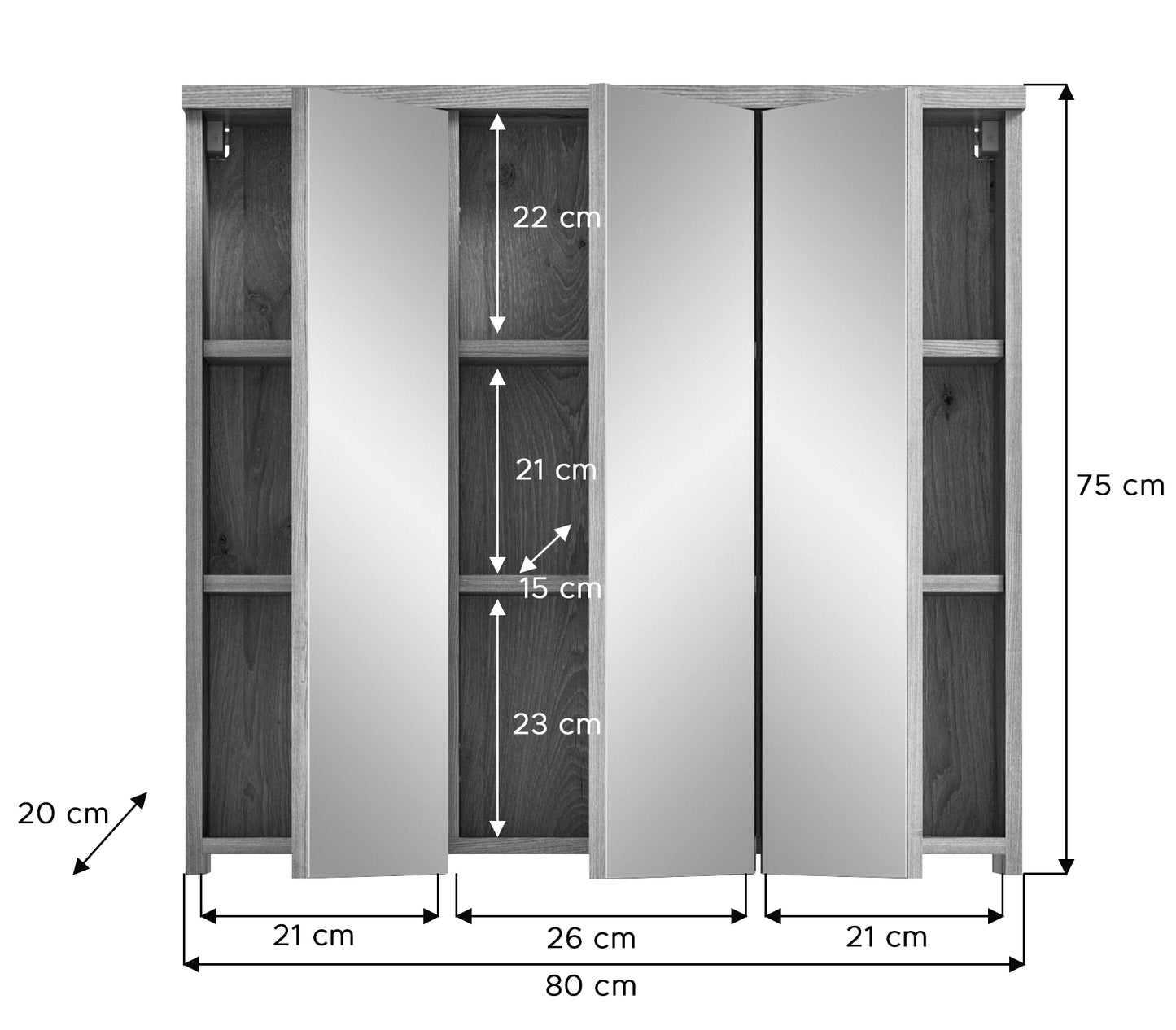 Maßzeichnung Badmöbel-Set: Spiegelschrank und Hochschrank, Breite 80 cm, Höhe 75 cm.