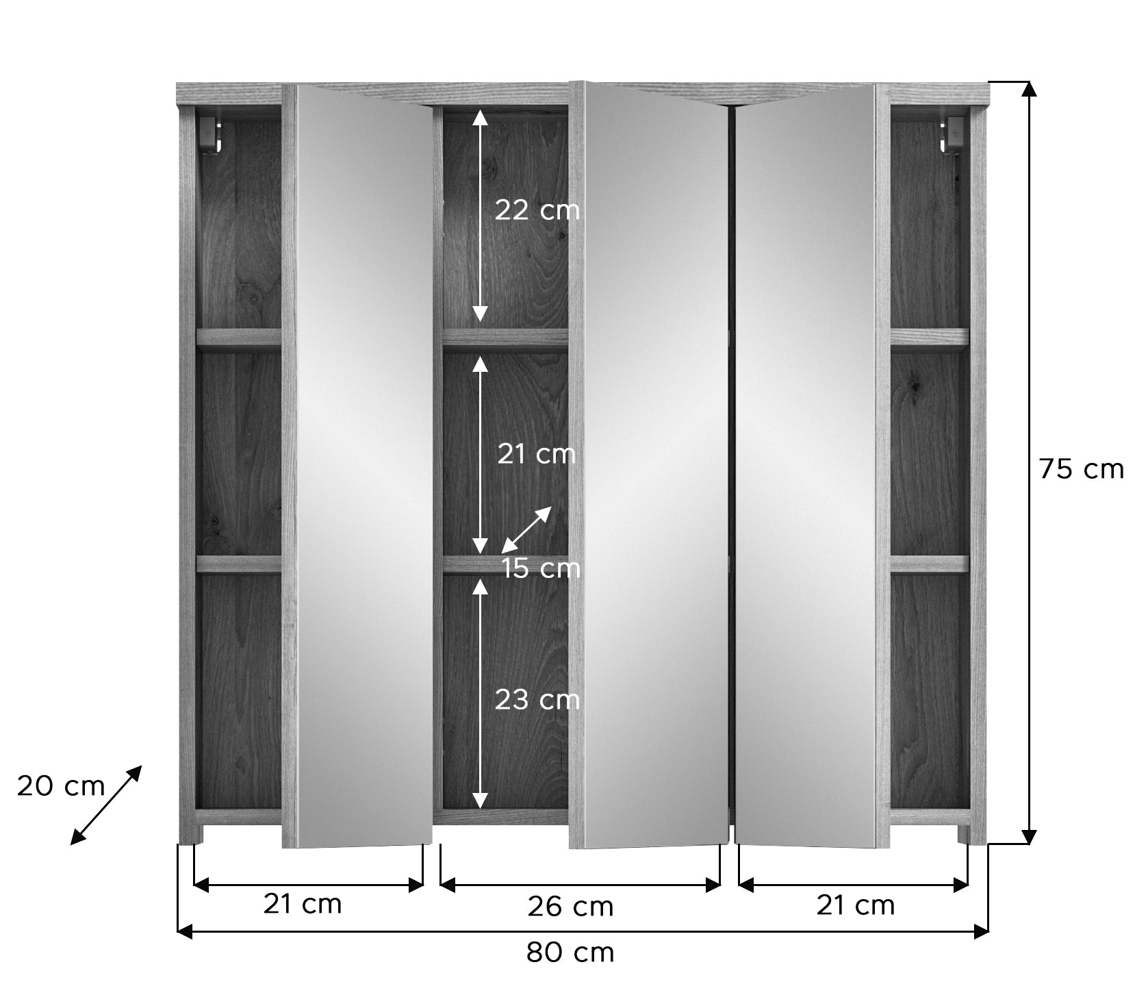 Maßzeichnung Badmöbel-Set: Spiegelschrank und Hochschrank, Breite 80 cm, Höhe 75 cm.