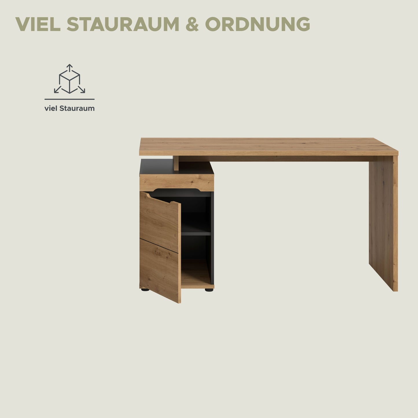 Schreibtisch mit viel Stauraum: Seitencontainer mit offenem Fach und Schublade