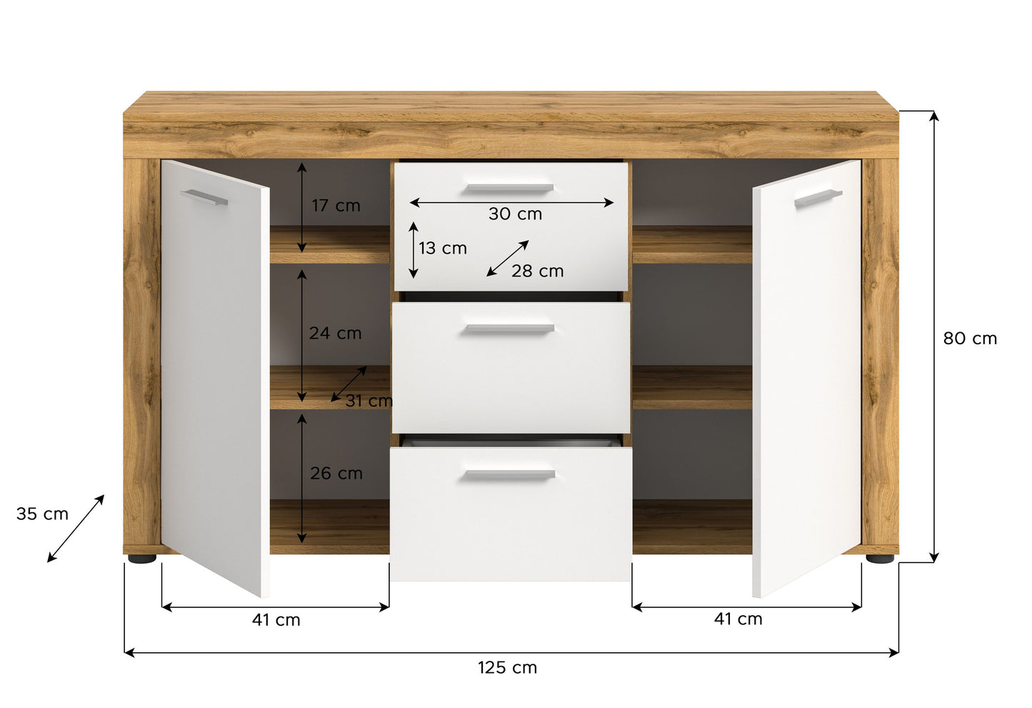 Homes & Jones Sideboard 125 cm breit mit 3 Schubladen, Mehrzweckschrank