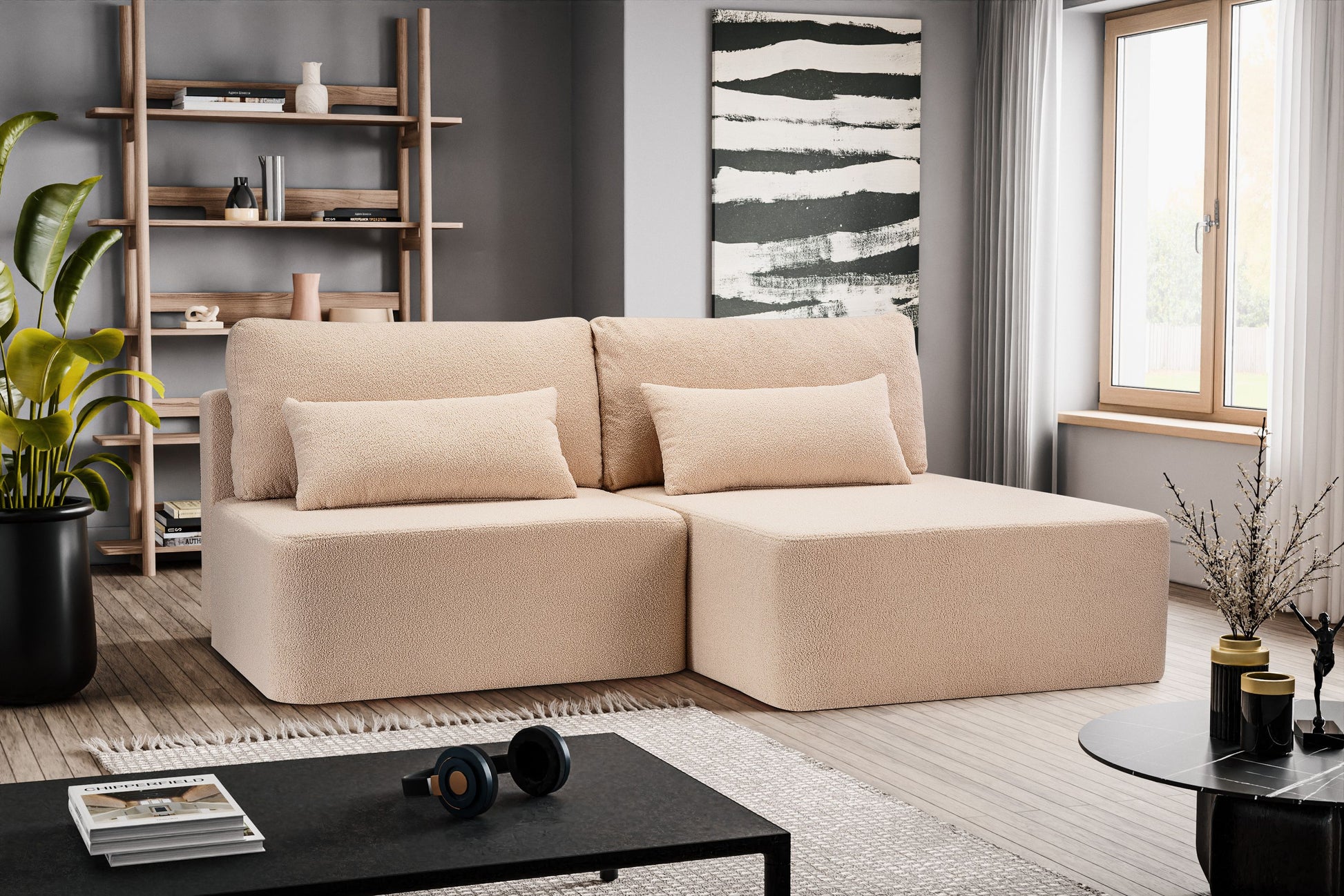 Beiges Schlafsofa mit Schlaffunktion, 3-Sitzer-Optik und zwei Zierkissen