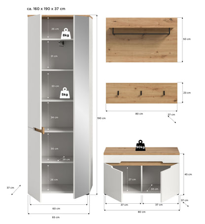 Garderobenset Maßzeichnung: schmaler Schrank und Sitzbank mit Holzplatte, Angaben in cm