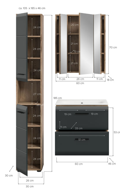 Badmöbel-Set Maßskizze in Graphit: Hochschrank, Spiegel und Waschtisch mit Maßen