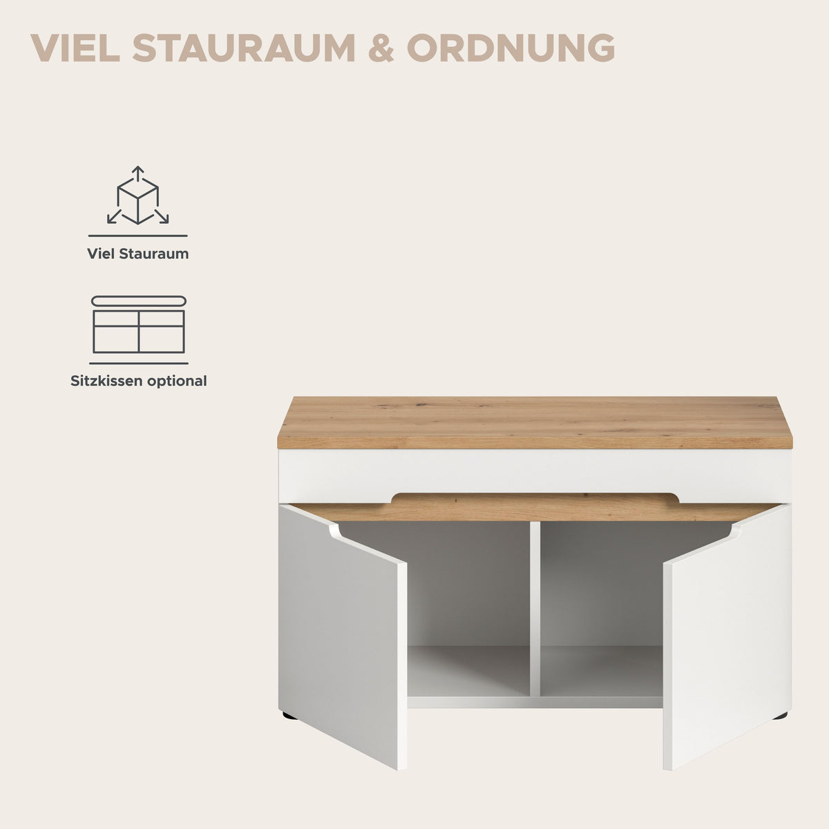 Garderoben-Sitzbank mit aufgeklappter Sitzfläche, Holzoberplatte und zwei Innenfächern