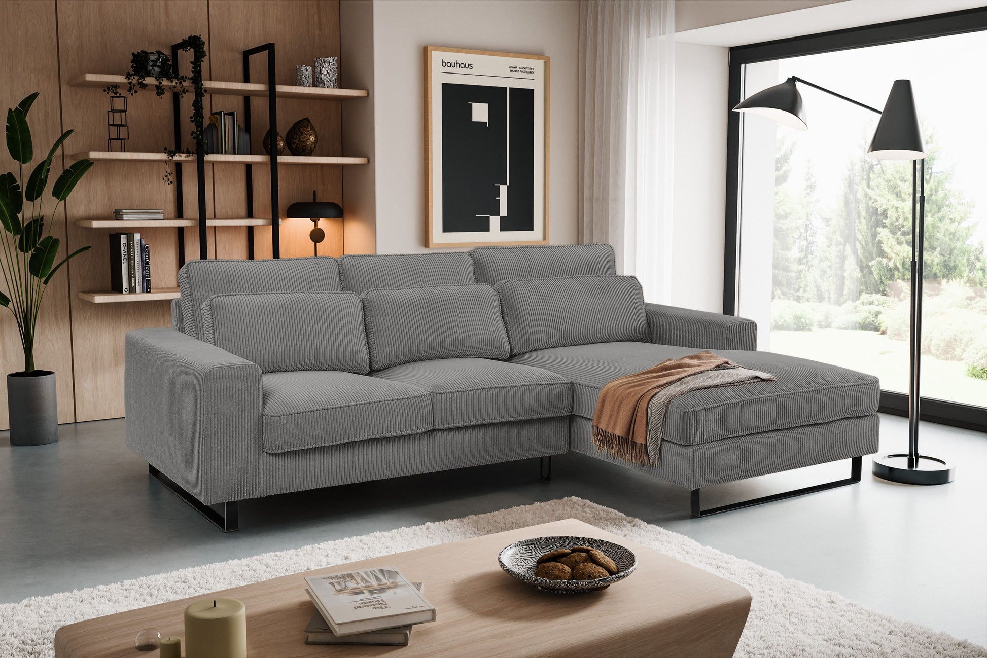 Ecksofa mit Recamiere, graues Polstermöbel mit Cord-Struktur, niedrige Armlehnen