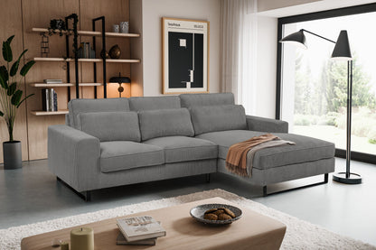 Ecksofa mit Recamiere, graues Polstermöbel mit Cord-Struktur, niedrige Armlehnen