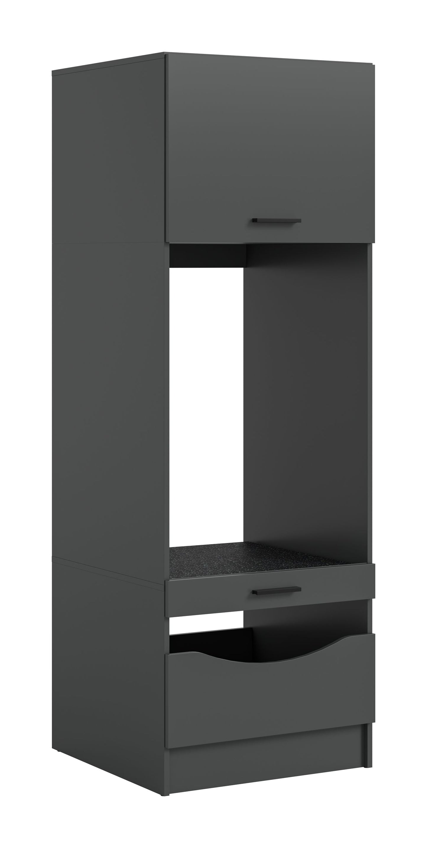 Waschmaschinenschrank in Anthrazit mit offener Nische und Schublade, obere Griffmulde