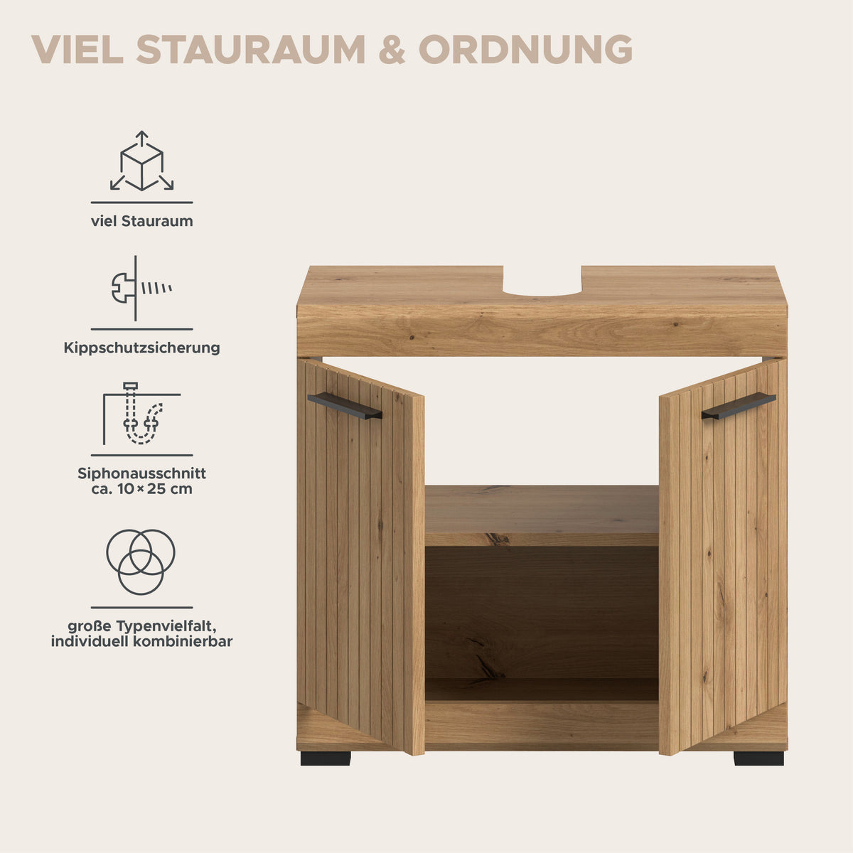Waschbeckenunterschrank 60 cm mit geöffneten Türen und Übersicht über Innenfächer