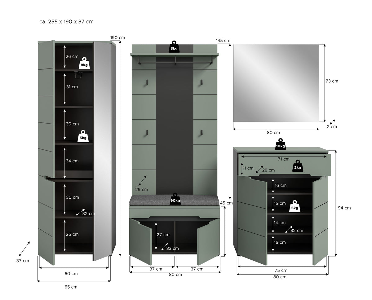 CANU wardrobe set incl. seat cushion (W/H/D: approx. 255/190/37 cm) in Basalt grey/Smoke Green