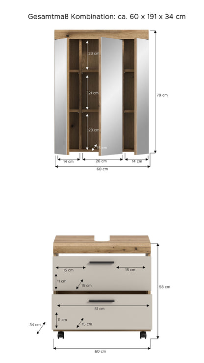 Meuble de salle de bain à roulettes SCOUT (l/H/P : env. 60/191/34 cm) en imitation chêne Evoke/-