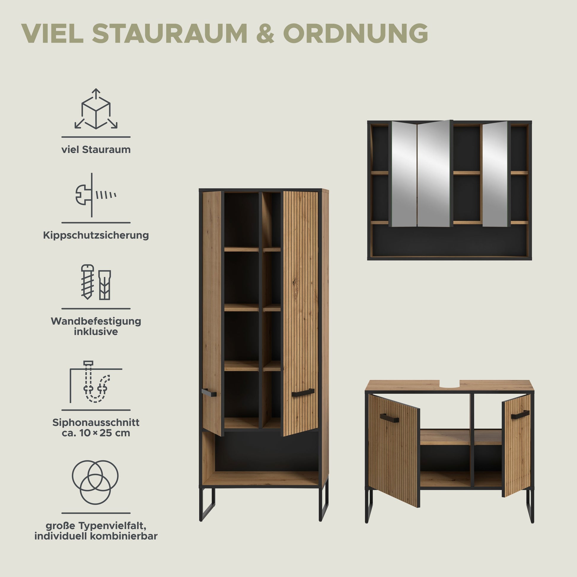 Stand schrank mit offenen Fächern und Lamellentür sowie Badspiegelschrank und Waschtischunterschrank
