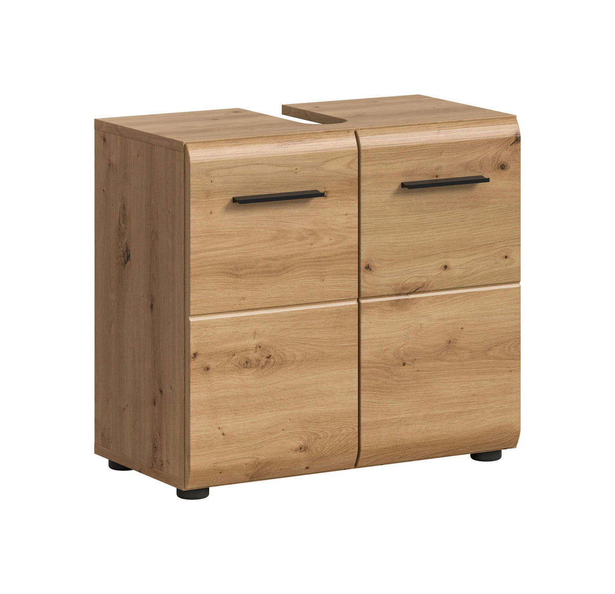 Waschbeckenunterschrank 60 cm, Holzoptik, zwei Türen mit schwarzen Griffen