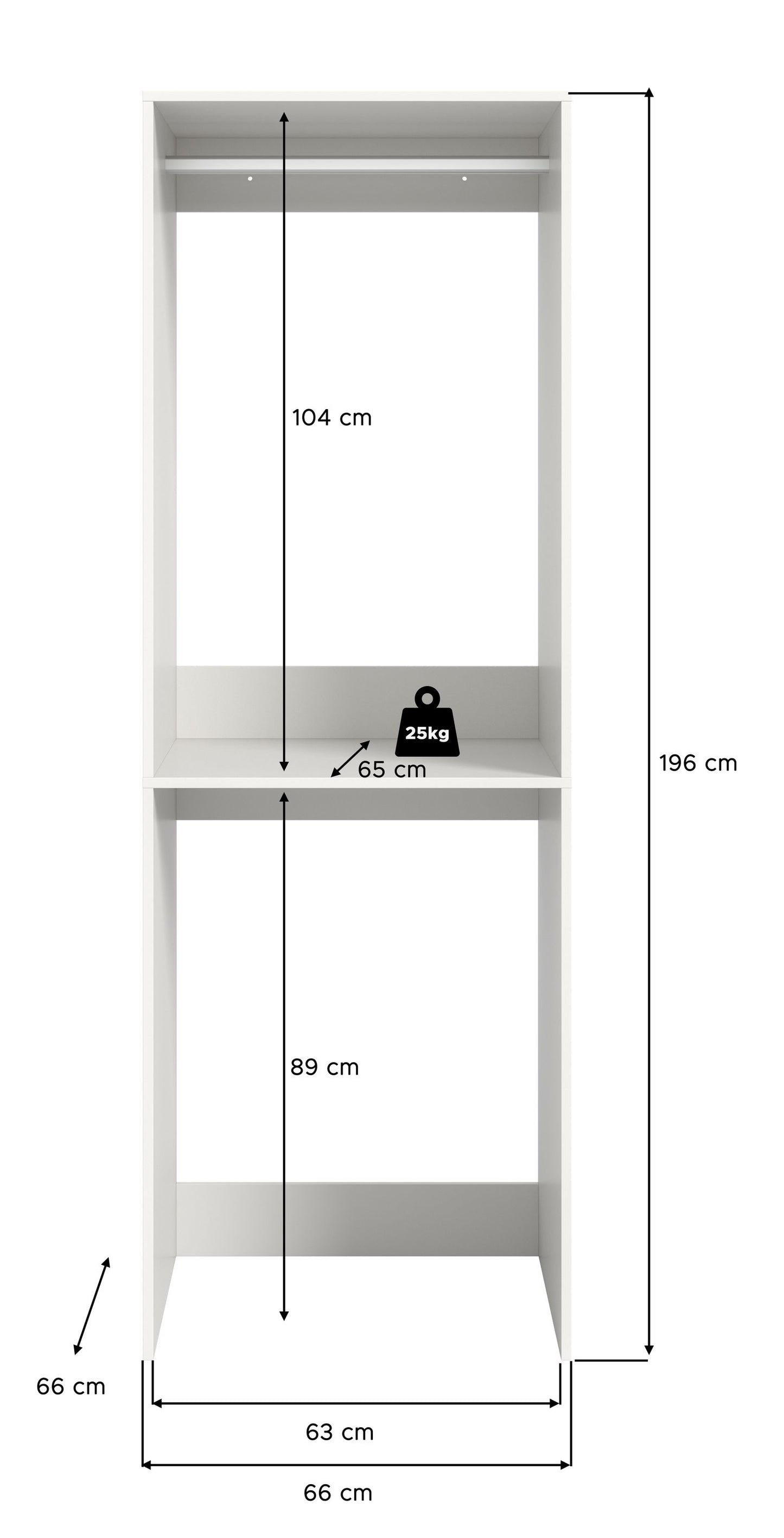 Weißer Waschmaschinenschrank mit Maßangaben, zwei Ebenen und Stellfach