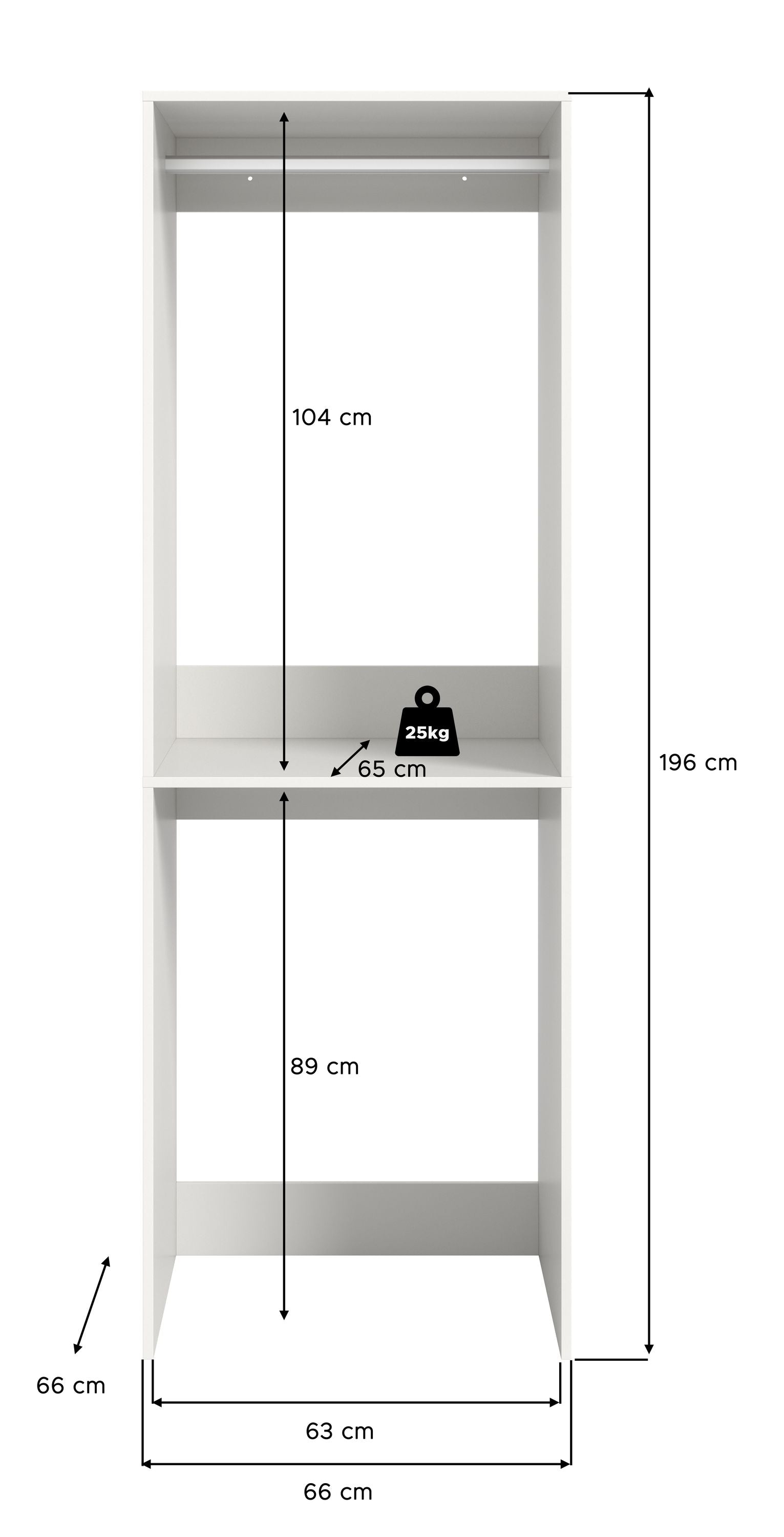 Weißer Waschmaschinenschrank mit Maßangaben, zwei Ebenen und Stellfach