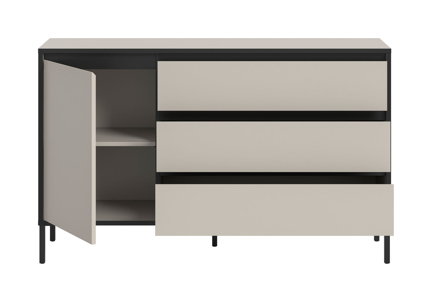 Sideboard mit geöffneter Tür und Schubladen, hellgraue Fronten mit schwarzer Einfassung