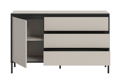 Sideboard mit geöffneter Tür und Schubladen, hellgraue Fronten mit schwarzer Einfassung