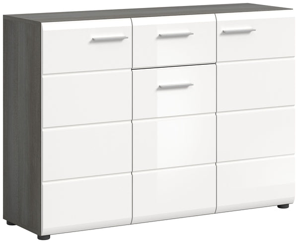 Commode SALSA (L/H/P : env. 120/85/37 cm) en imitation argent fumé/blanc brillant