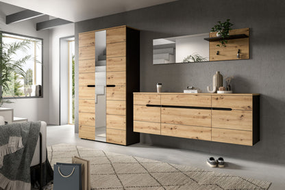 Garderobenset für Flur: Schrank mit Spiegel und hängende Kommode in Holzoptik
