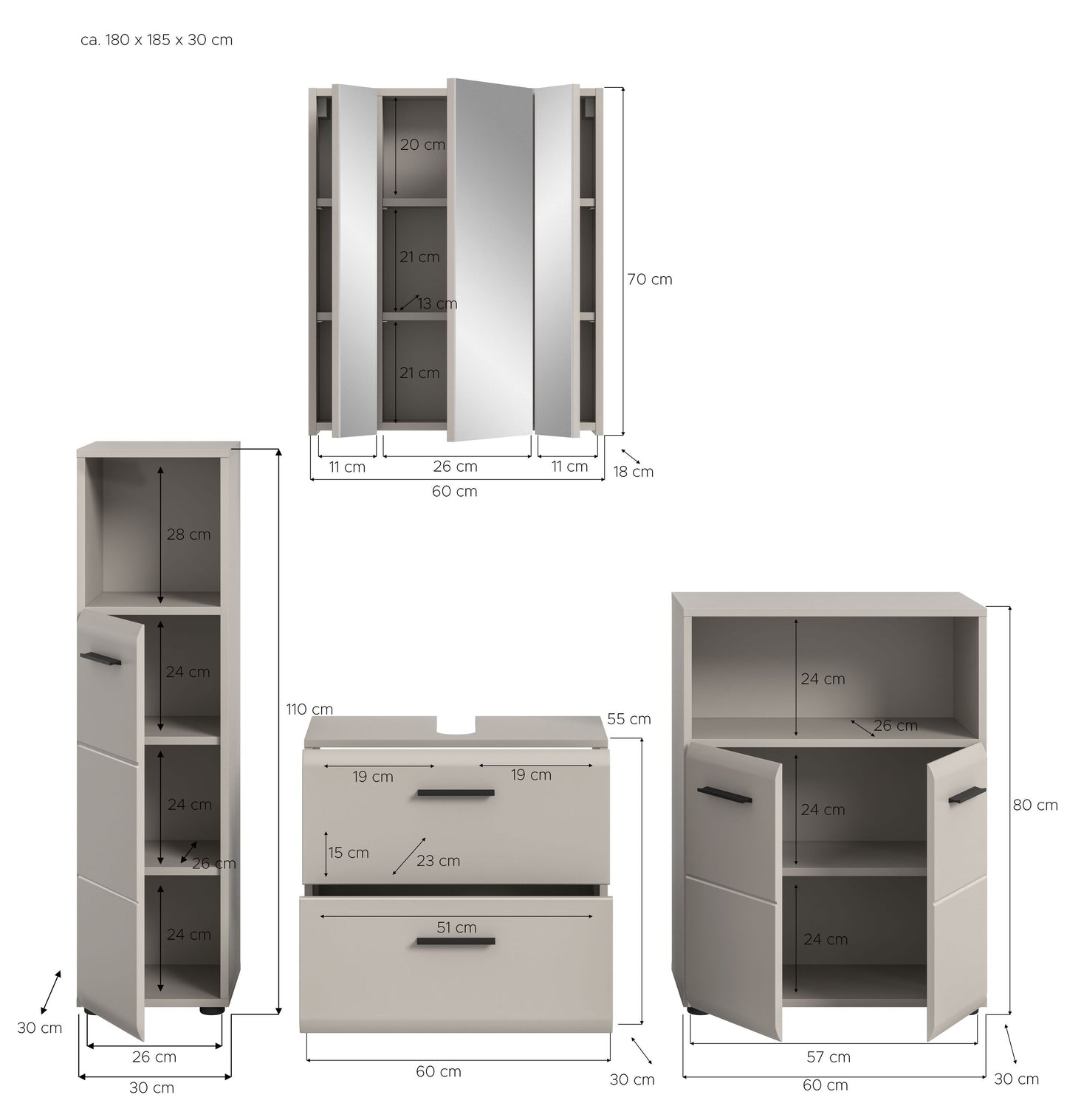 Badmöbel-Set in heller Farbgebung mit Waschbecken-Unterschrank, Schubladen und Seitenregalen (mit Maßen)