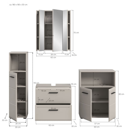 Badmöbel-Set in heller Farbgebung mit Waschbecken-Unterschrank, Schubladen und Seitenregalen (mit Maßen)