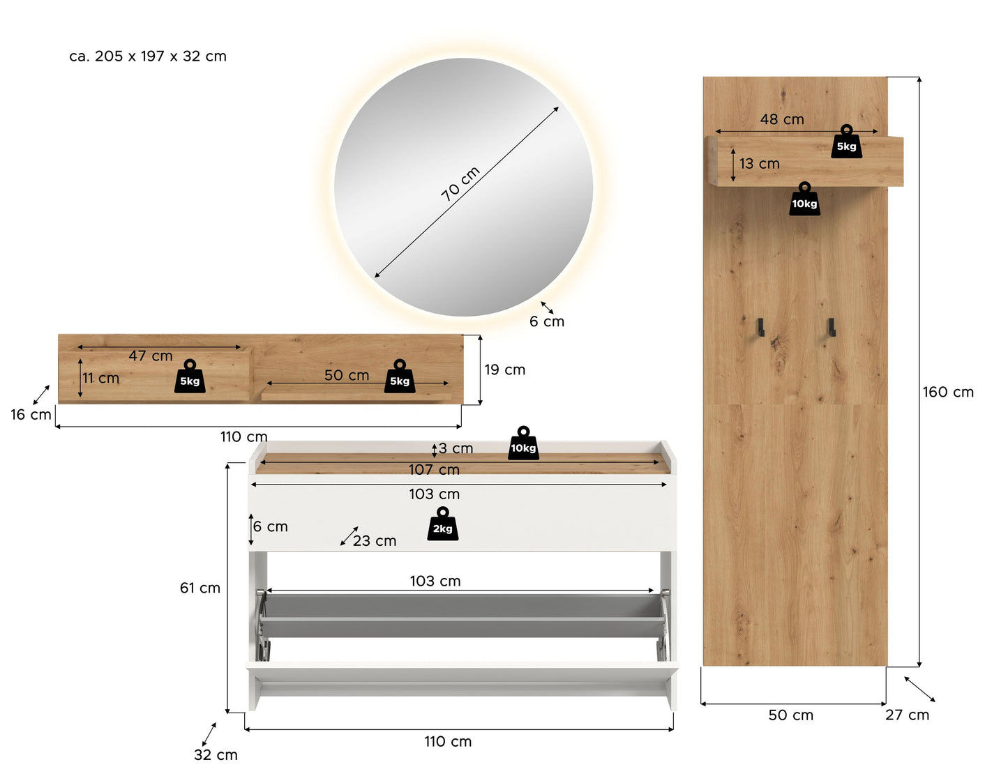 Homes & Jones Garderobe 4-tlg. inkl. Beleuchtung, Dielenmöbel-Flurmöbel