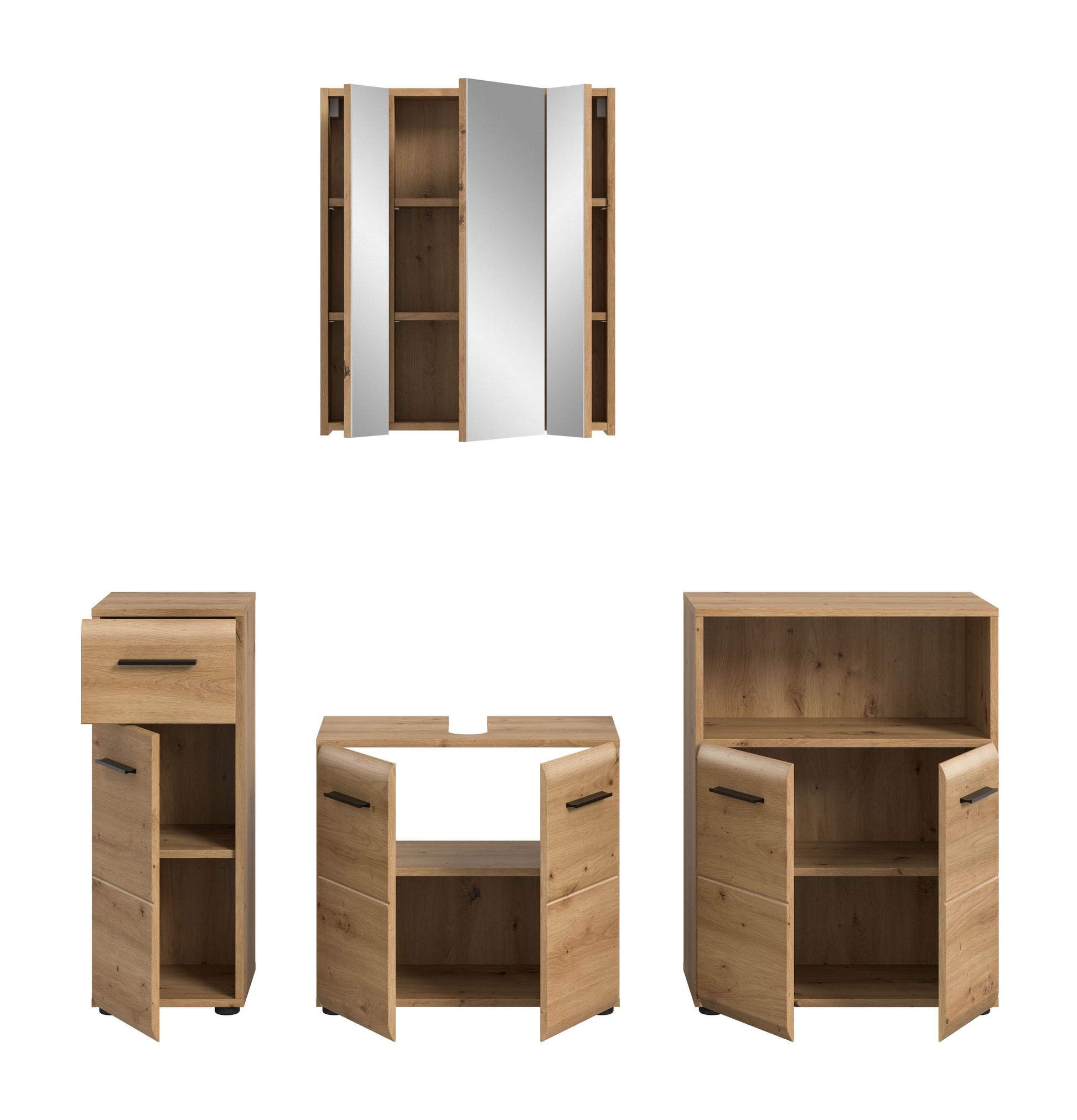 Badezimmermöbel-Set mit geöffneten Türen: Spiegelschrank, Hochschrank und Waschbecken-Unterbau