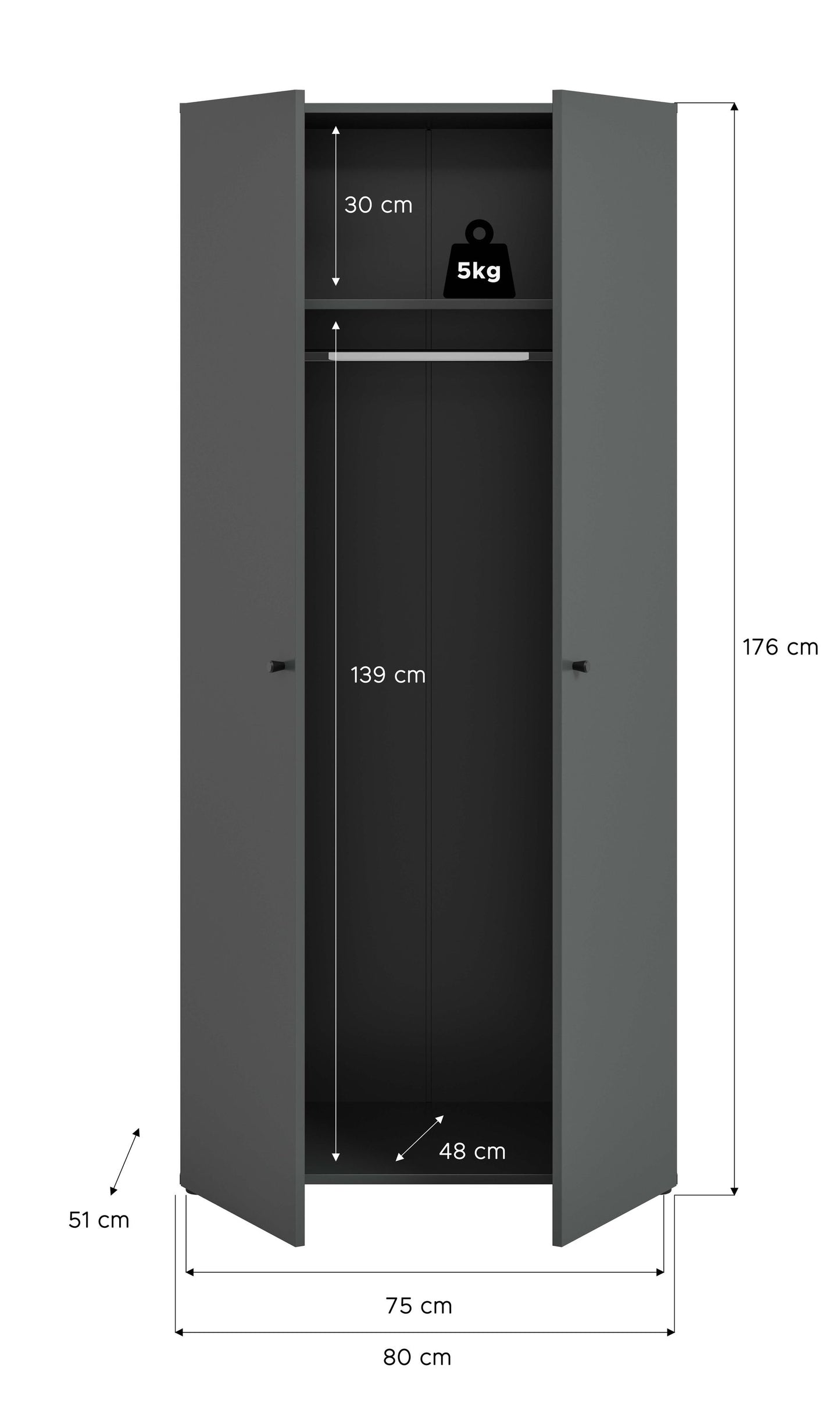 Armoire 2 portes DARWIN (L/H/P : env. 80/176/51 cm) anthracite/anthracite