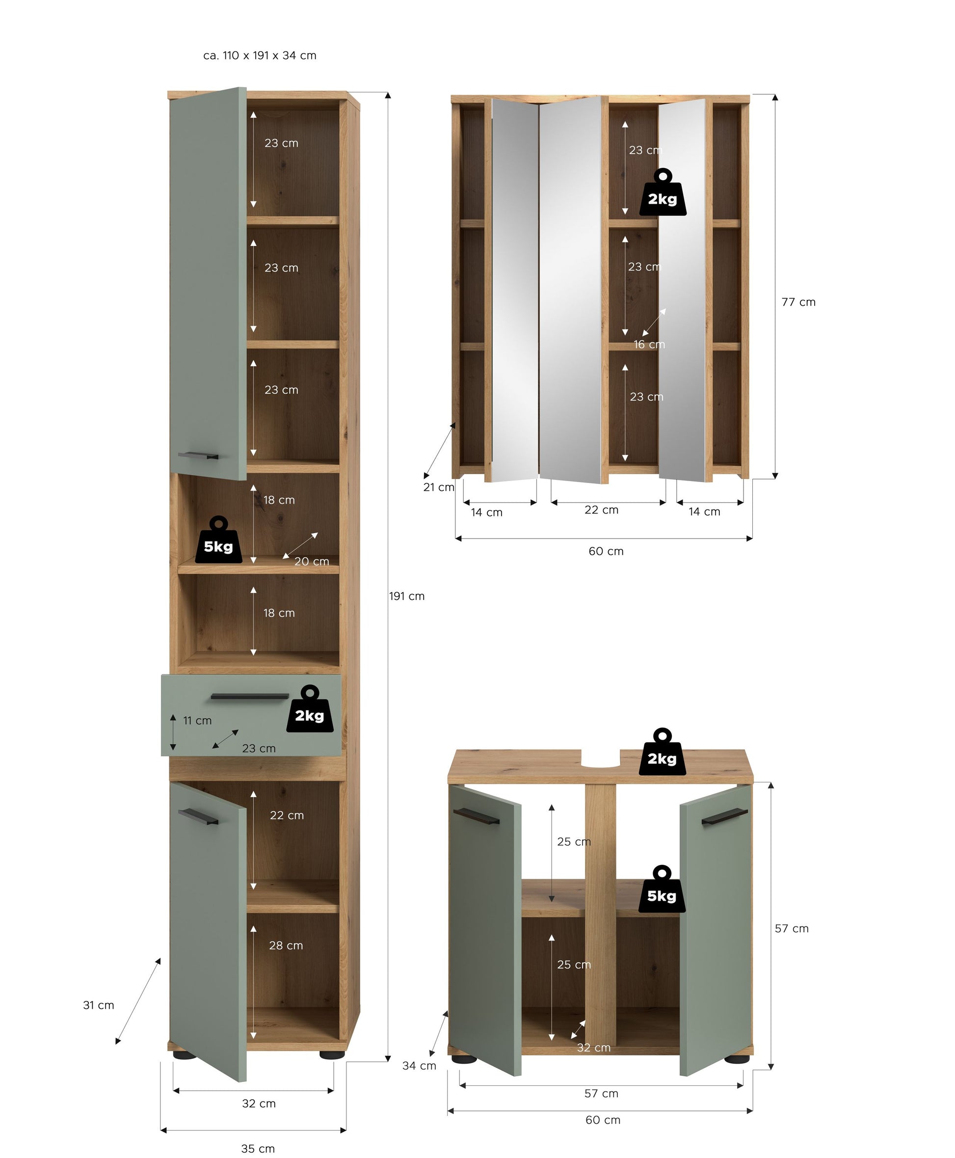 Homes & Jones Badmöbel-Set mit Maßen: Hochschrank, Spiegelschrank und Waschtischmodul