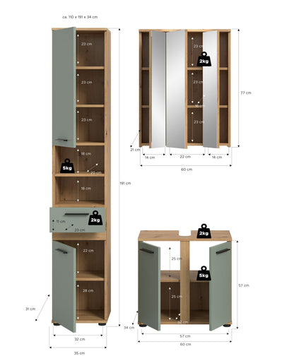 Homes & Jones Badmöbel-Set mit Maßen: Hochschrank, Spiegelschrank und Waschtischmodul