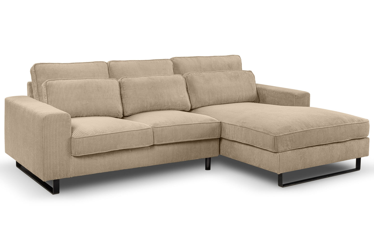 Beigefarbenes Ecksofa mit Recamiere, gepolsterte Rückenpolster und schwarze Bodenglider