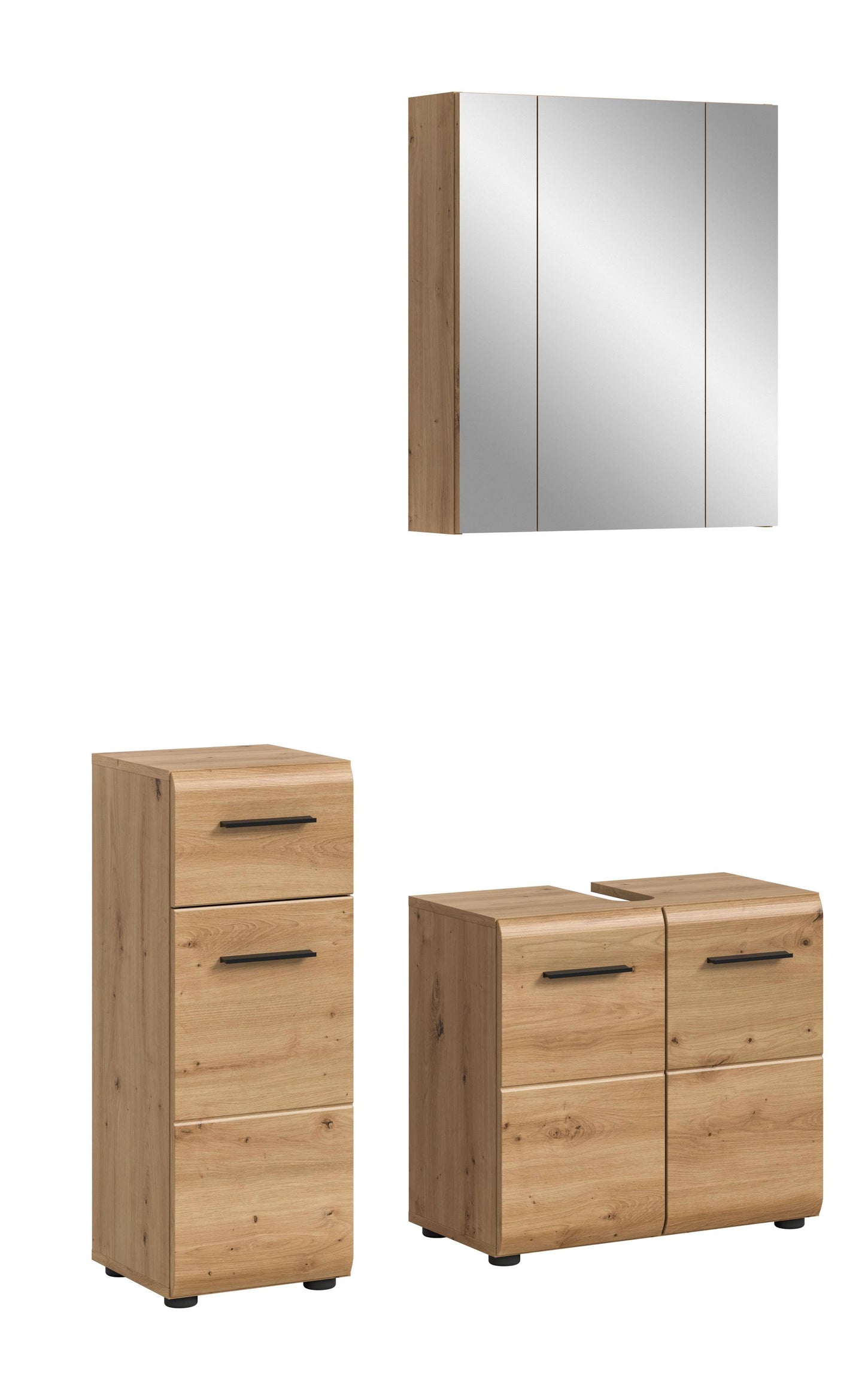 3-teiliges Badmöbel-Set in Holzoptik: Spiegel-/Hängeschrank, schmaler Schrank, Unterschrank