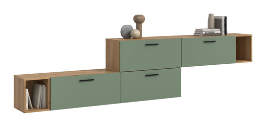 Combinaison murale THE ONE (L/H/P : env. 276/97/34 cm) en imitation Chêne Artisan/Vert Fumé