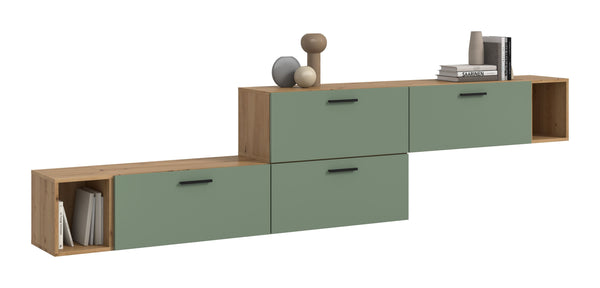 Combinaison murale THE ONE (L/H/P : env. 276/97/34 cm) en imitation Chêne Artisan/Vert Fumé