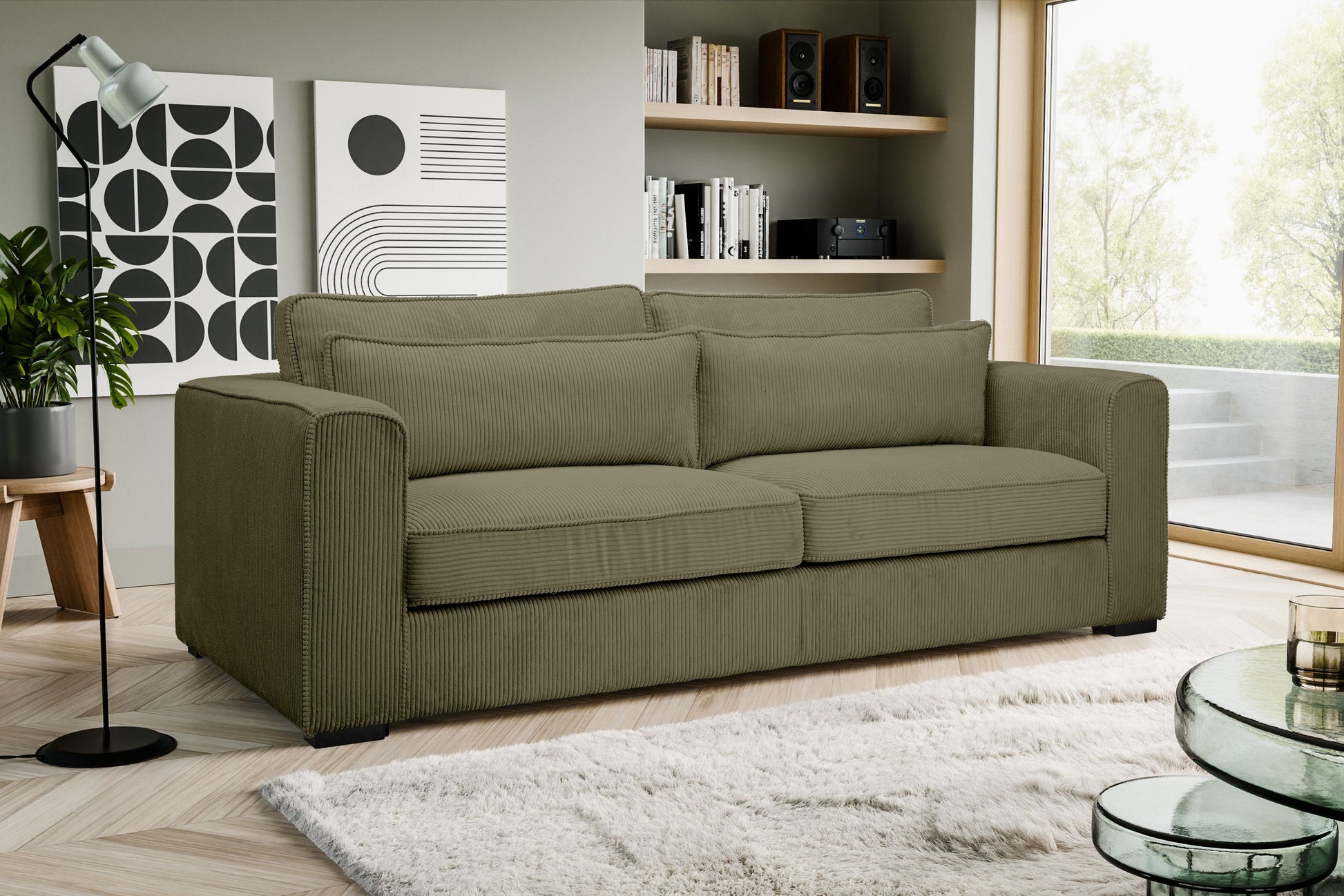 3-Sitzer-Polstersessel im khaki Cordstoff, seitliche Armlehne und zwei Sitzkissen sichtbar