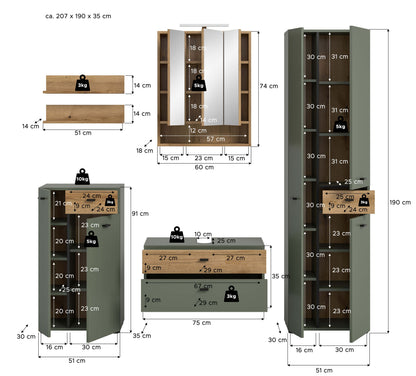 Ensemble de salle de bain avec éclairage AQUA (L/H/P : env. 207/191/35 cm) en vert sauge/vert sauge