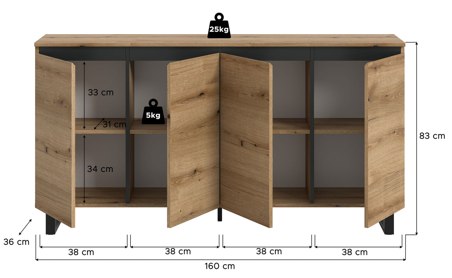 Buffet TOMASA (L/H/P : env. 160/84/36 cm) en imitation Chêne Evoke/imitation Chêne Evoke