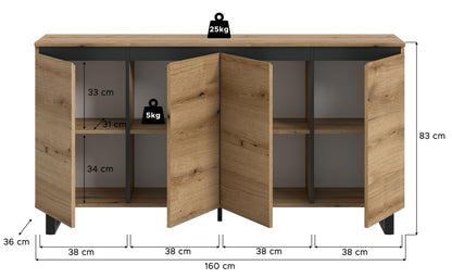 Buffet TOMASA (L/H/P : env. 160/84/36 cm) en imitation Chêne Evoke/imitation Chêne Evoke