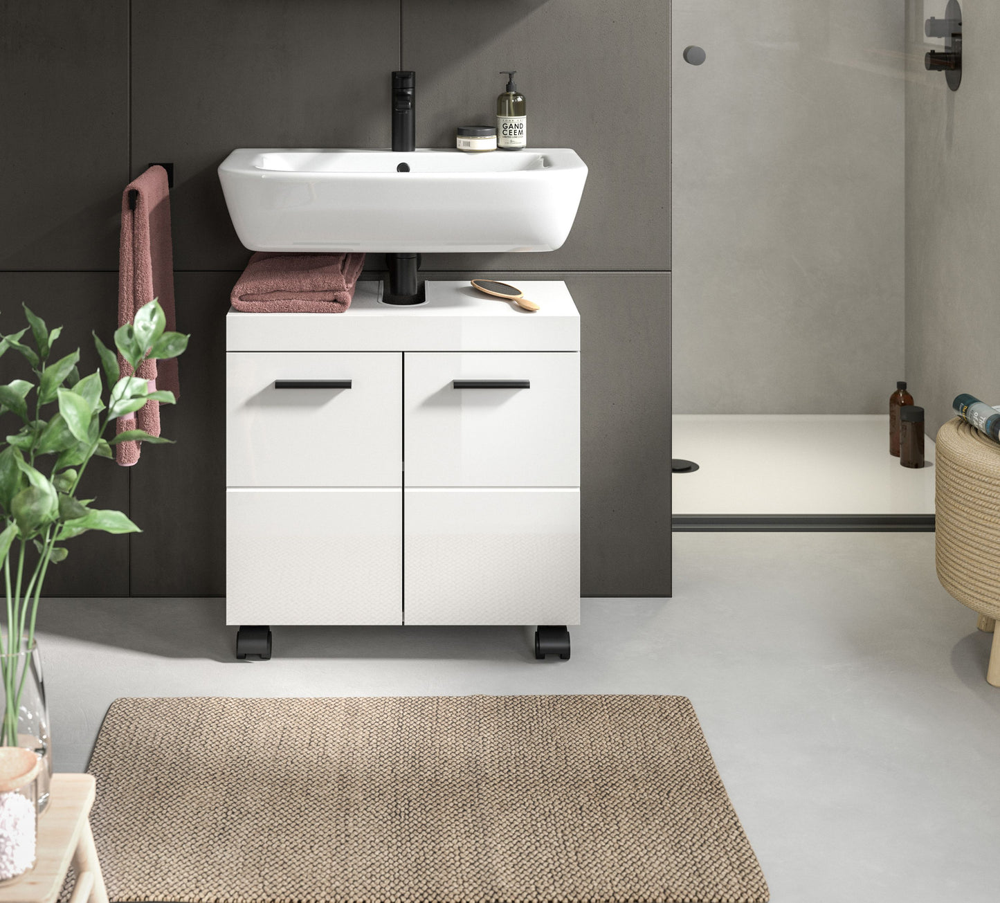 Meuble bas de lavabo à roulettes NOVA (L/H/P : env. 60/58/30 cm) en blanc/blanc brillant