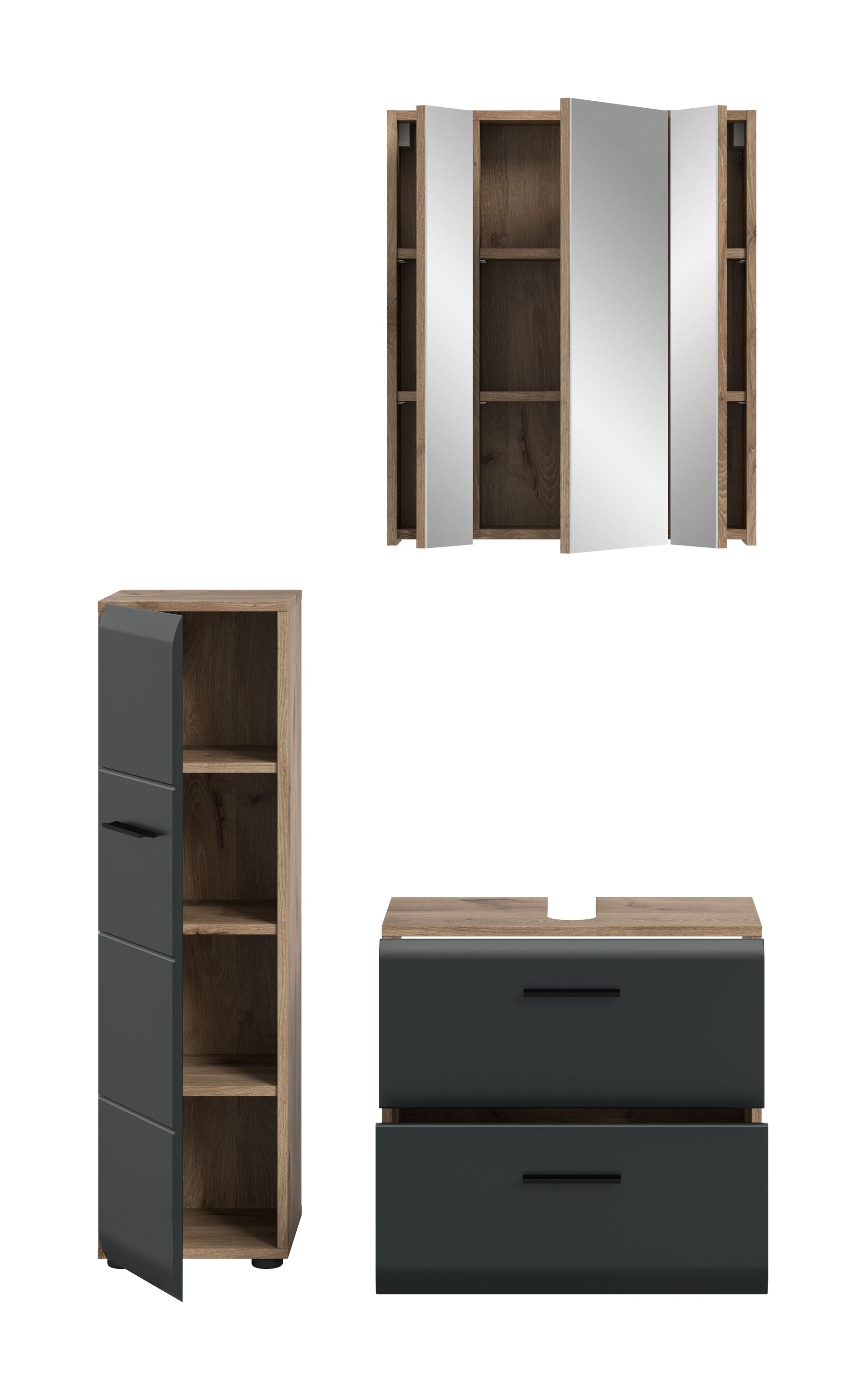 Badmöbel-Set in dunkler Optik: offener Hochschrank, Spiegel und Waschkommode