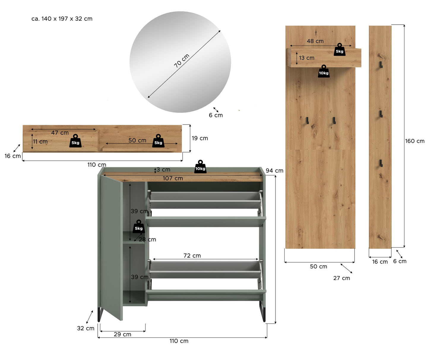 Homes & Jones Garderobe 5-tlg., Garderobenkomplettset, Dielenmöbel-Flurmöbel