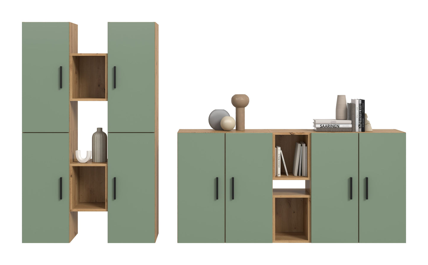 Meuble TV mural THE ONE (l/h/p : env. 270/182/34 cm) en imitation Chêne Artisan/Vert Fumé