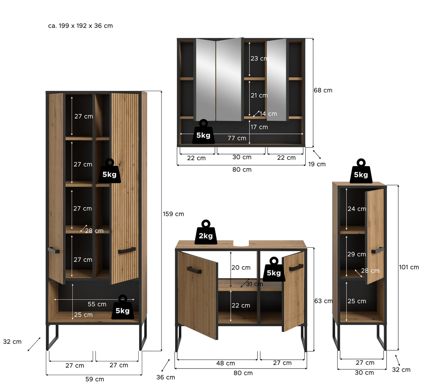 Badmöbel-Set mit Maßangaben: Spiegelschrank, Unterschrank und Hochschrank