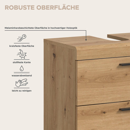Holzoptik-Badmöbel mit melaminharzbeschichteter, kratzfester Oberfläche und Kanten
