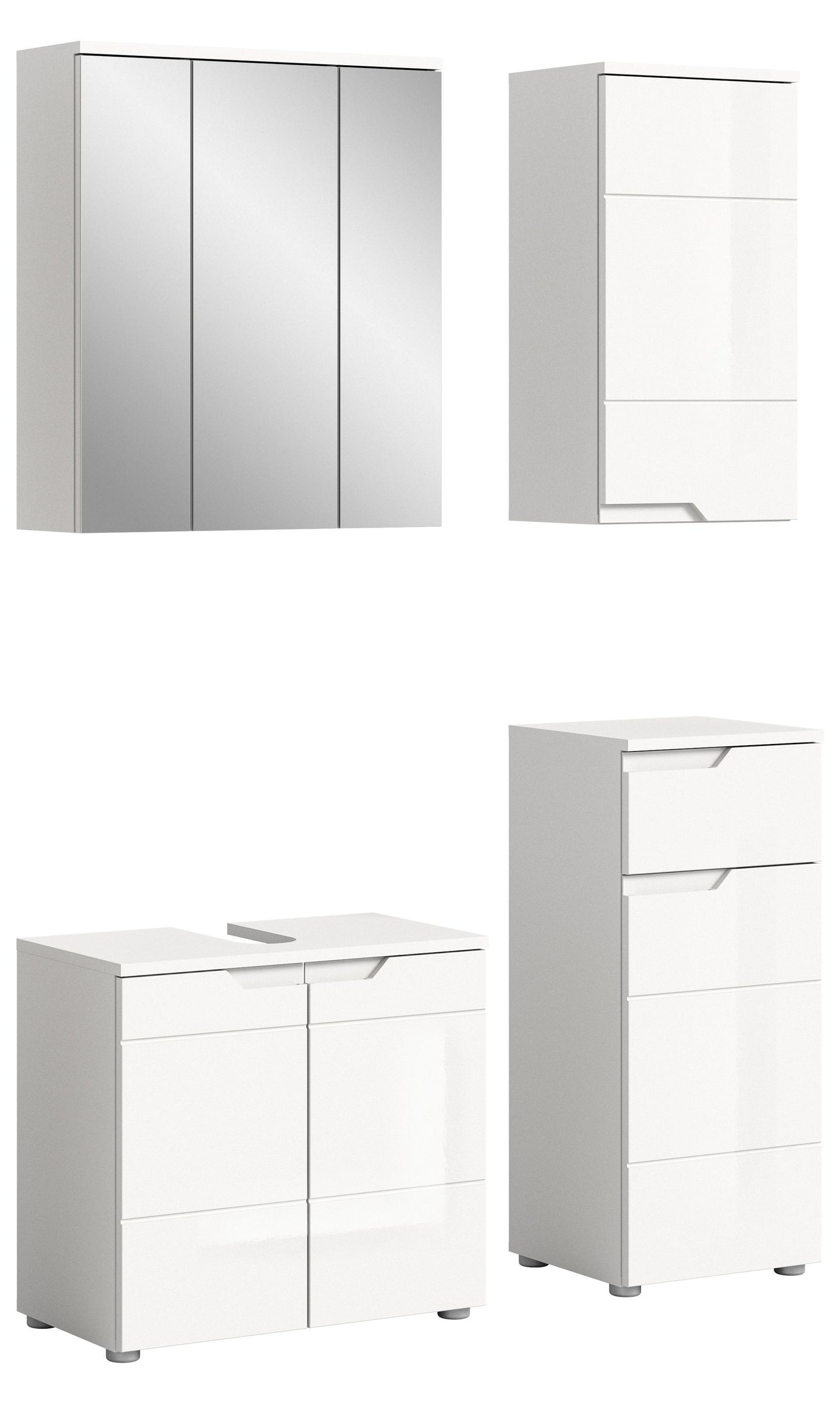Badmöbel-Set mit Spiegelschrank und weißen Unterschränken, Hochglanzfronten