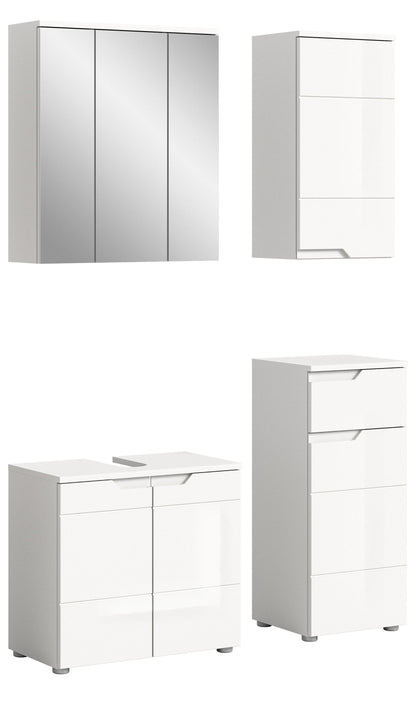 Badmöbel-Set mit Spiegelschrank und weißen Unterschränken, Hochglanzfronten