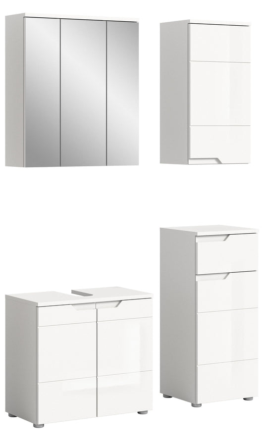Badmöbel-Set mit Spiegelschrank und weißen Unterschränken, Hochglanzfronten
