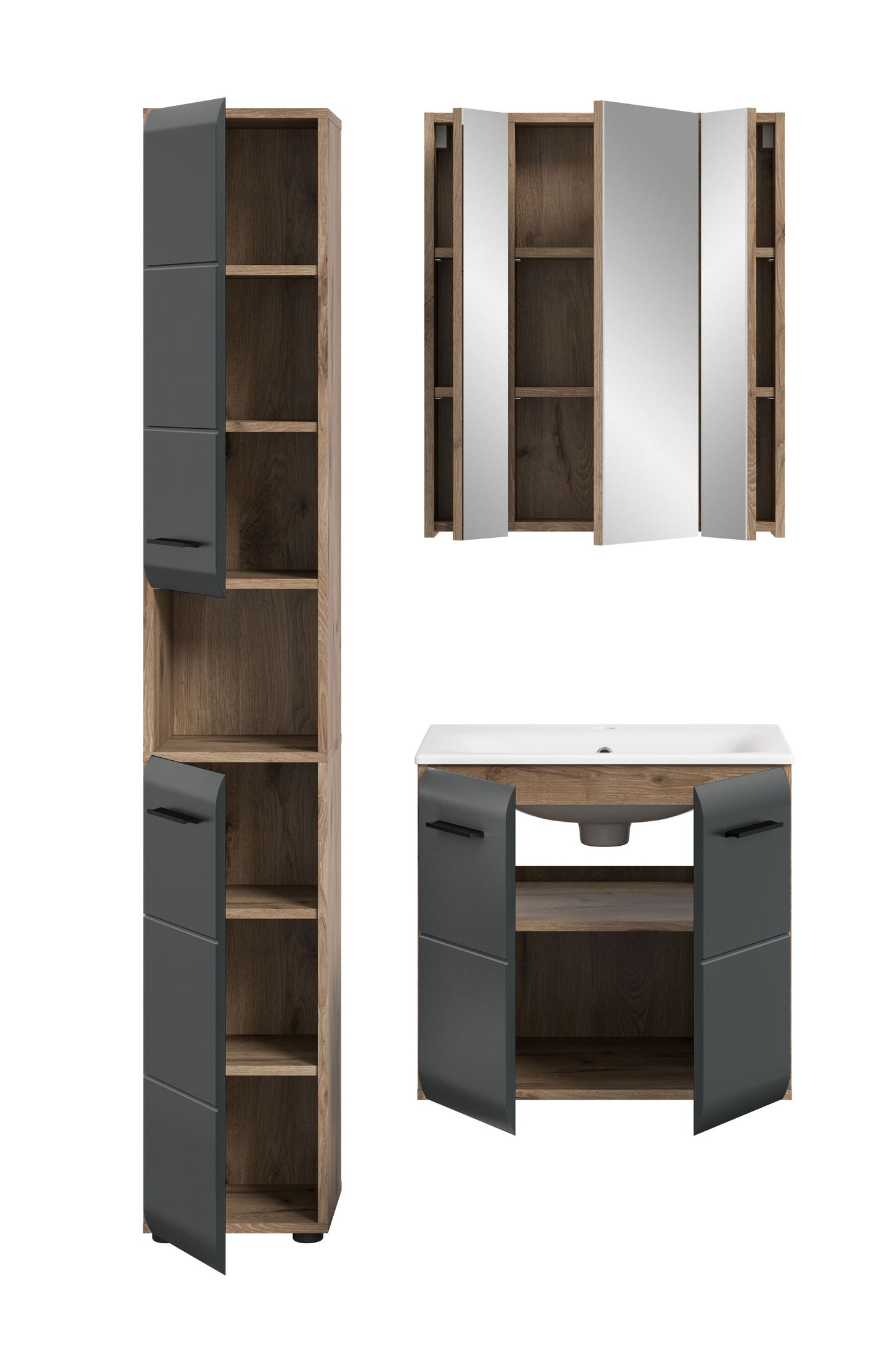 4-teiliges Badezimmer-Badmöbel-Set mit geöffnetem Hochschrank und Spiegeltür, Holz und Anthrazit