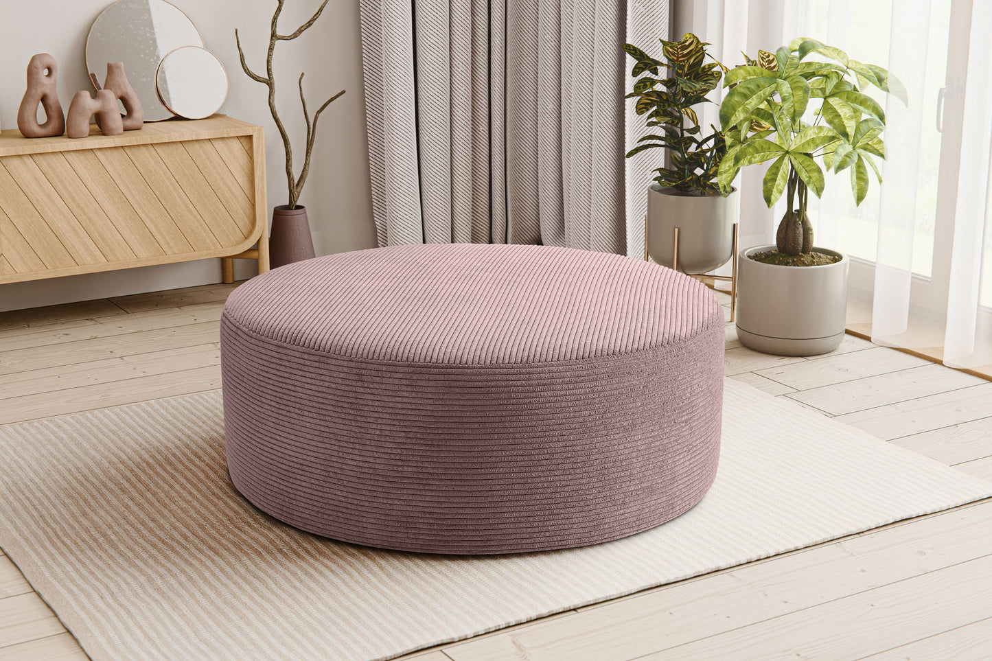 Runder Cord-Hocker mit weicher Polsterung, altrosa, gepolsterte runde Sitzfläche.